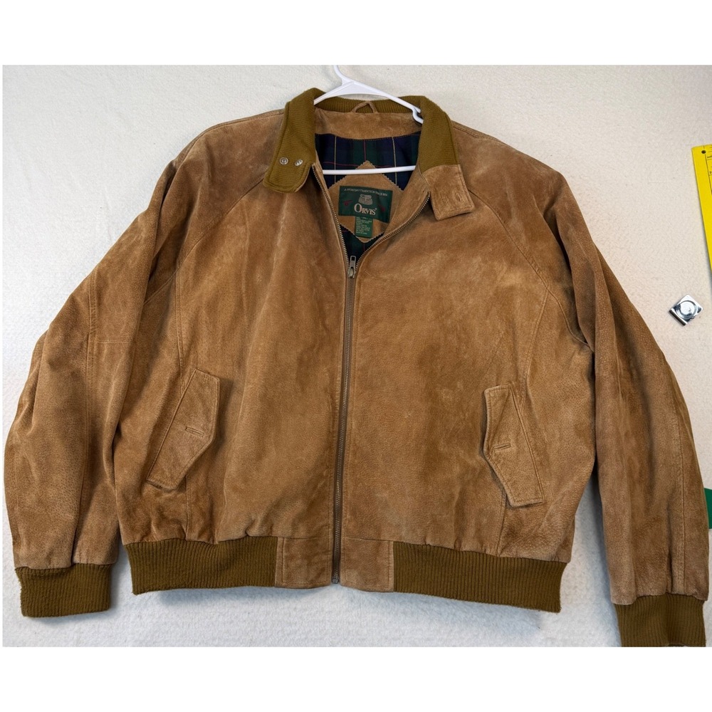 VTG Orvis Suede Leather Bomber Jacket Cotton Plaid Lined Full Zip Heavy Mens XL